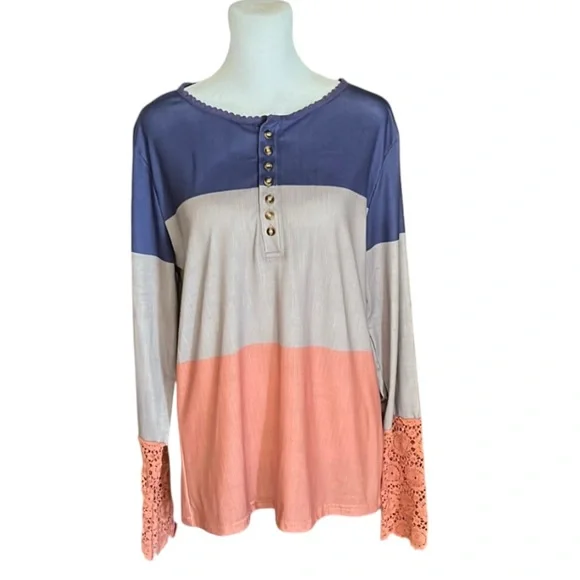 Unbranded Colorblock Crochet Lace Sleeve Henley Shirt Size XL - Picture 2 of 9
